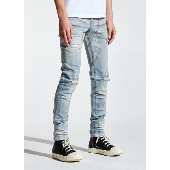 En Noir Men's Clash Dirty Wash Rip & Repair Distressed Skinny Fit Denim Jeans - Picture 2 of 5